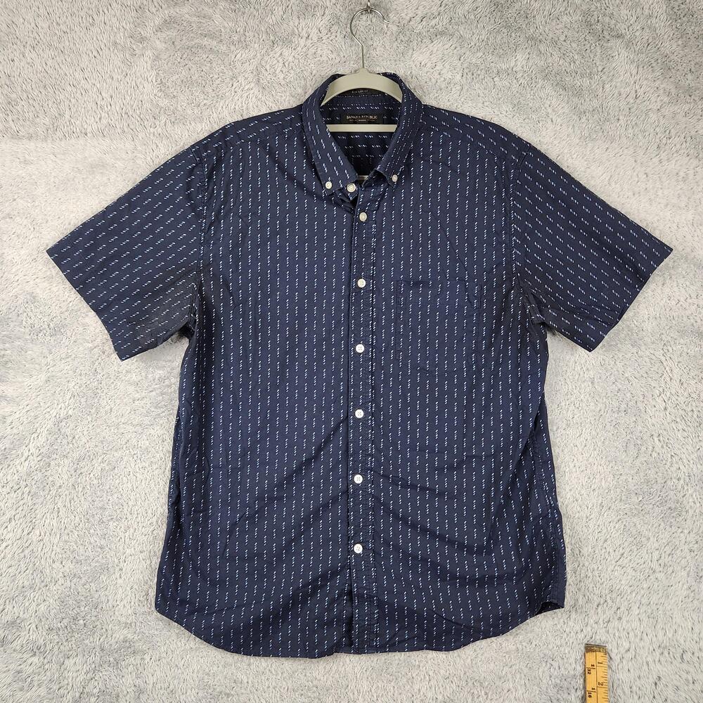 Banana Republic Shirt Mens Large Blue Stretch Slim Flex Geometric Dot Preppy